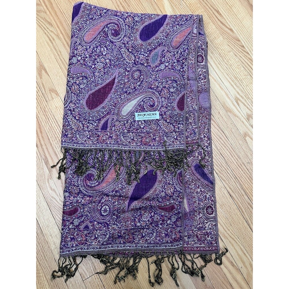 Pashmina Silk Blend Shawl 55% Pashmina 45% Silk Purple Paisley Wrap W/ Fringe